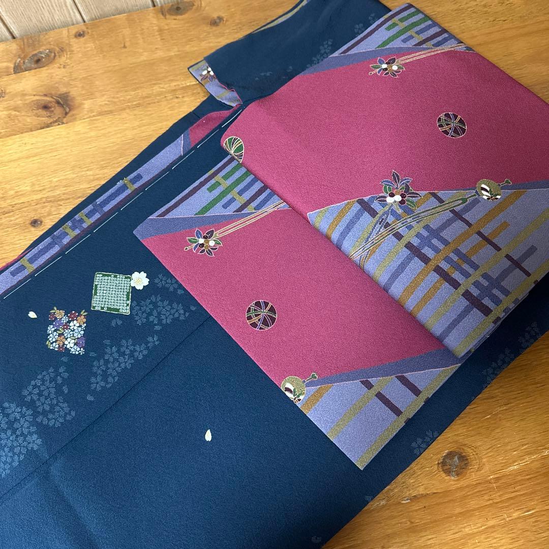 やまと誂製　正絹小紋　名古屋帯　長襦袢　帯締め　しつけ糸付き　４点セット