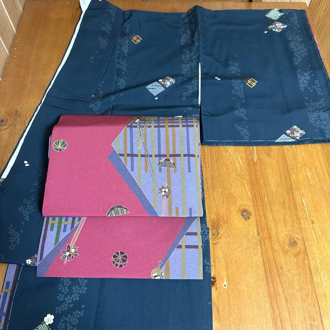 やまと誂製　正絹小紋　名古屋帯　長襦袢　帯締め　しつけ糸付き　４点セット