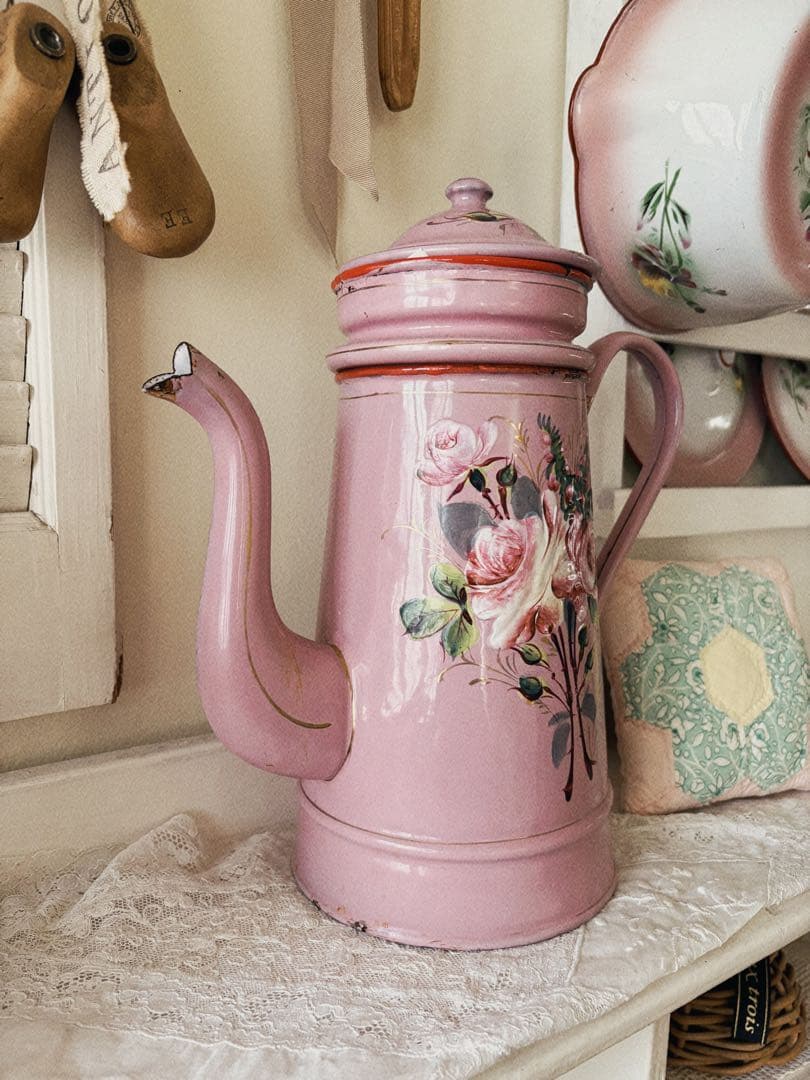 アンティークホーロー♡AUBECQ社ピンクバラ柄ホーローカフェティエール　希少❣️