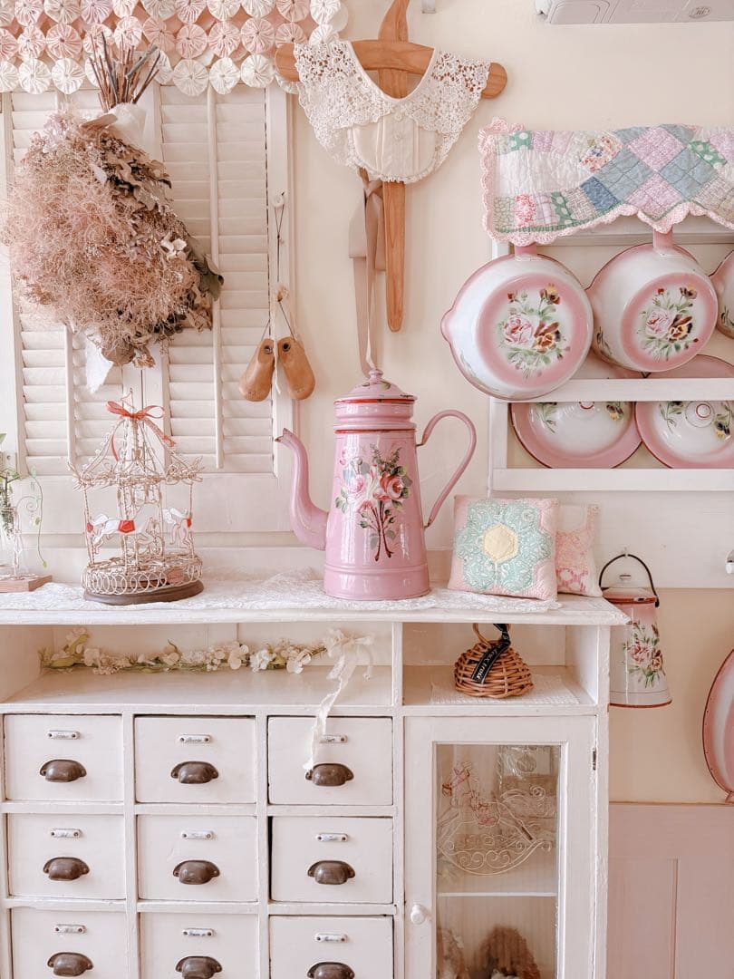 アンティークホーロー♡AUBECQ社ピンクバラ柄ホーローカフェティエール　希少❣️