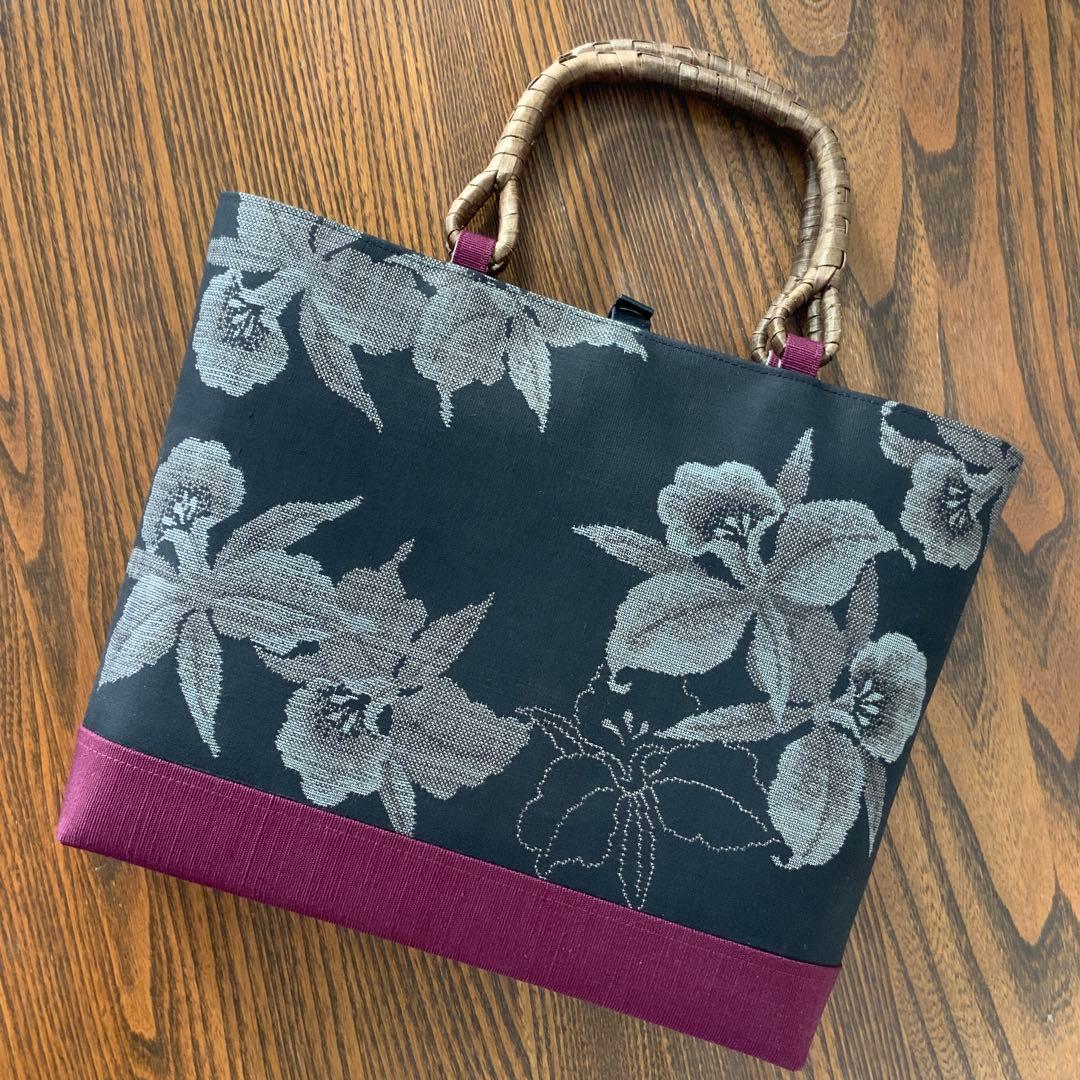 大島紬 カトレアの花 リメイク 胡桃皮ハンドルバッグ