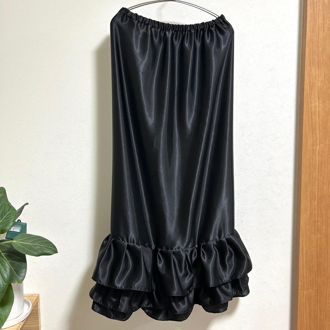 【りえ】スカート裾除け　サテン　黒　フリル　3段　オーダー品