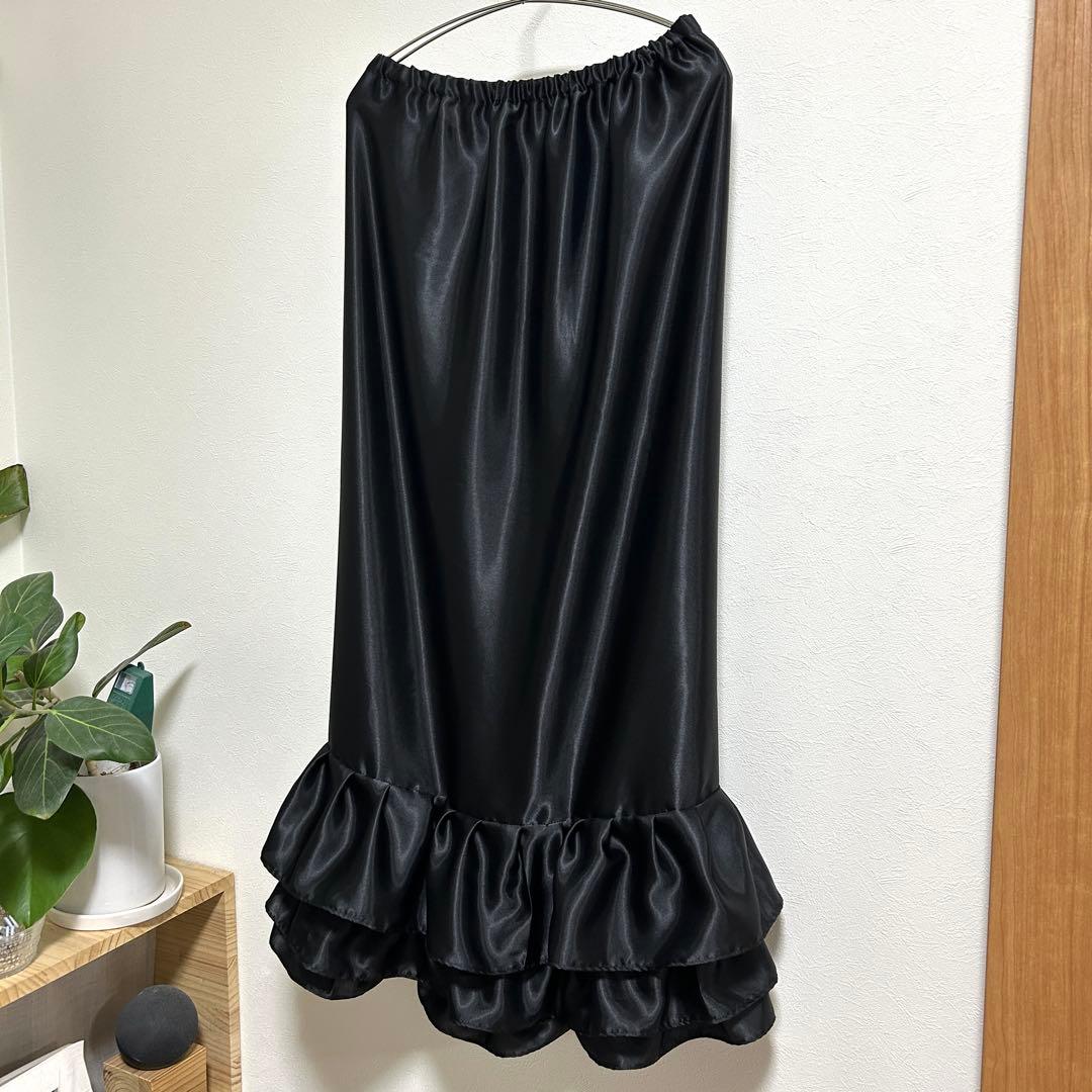 【りえ】スカート裾除け　サテン　黒　フリル　3段　オーダー品