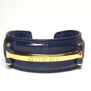 美品 グッチ ブレスレット バングル ワイド クロコ型押し ネイビー×ゴールド