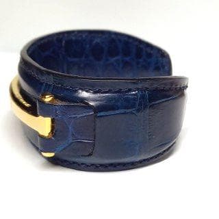 美品 グッチ ブレスレット バングル ワイド クロコ型押し ネイビー×ゴールド