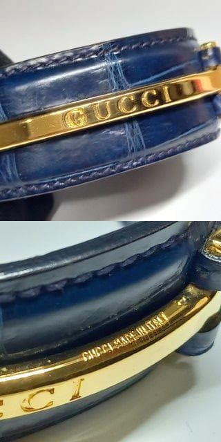 美品 グッチ ブレスレット バングル ワイド クロコ型押し ネイビー×ゴールド