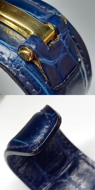 美品 グッチ ブレスレット バングル ワイド クロコ型押し ネイビー×ゴールド