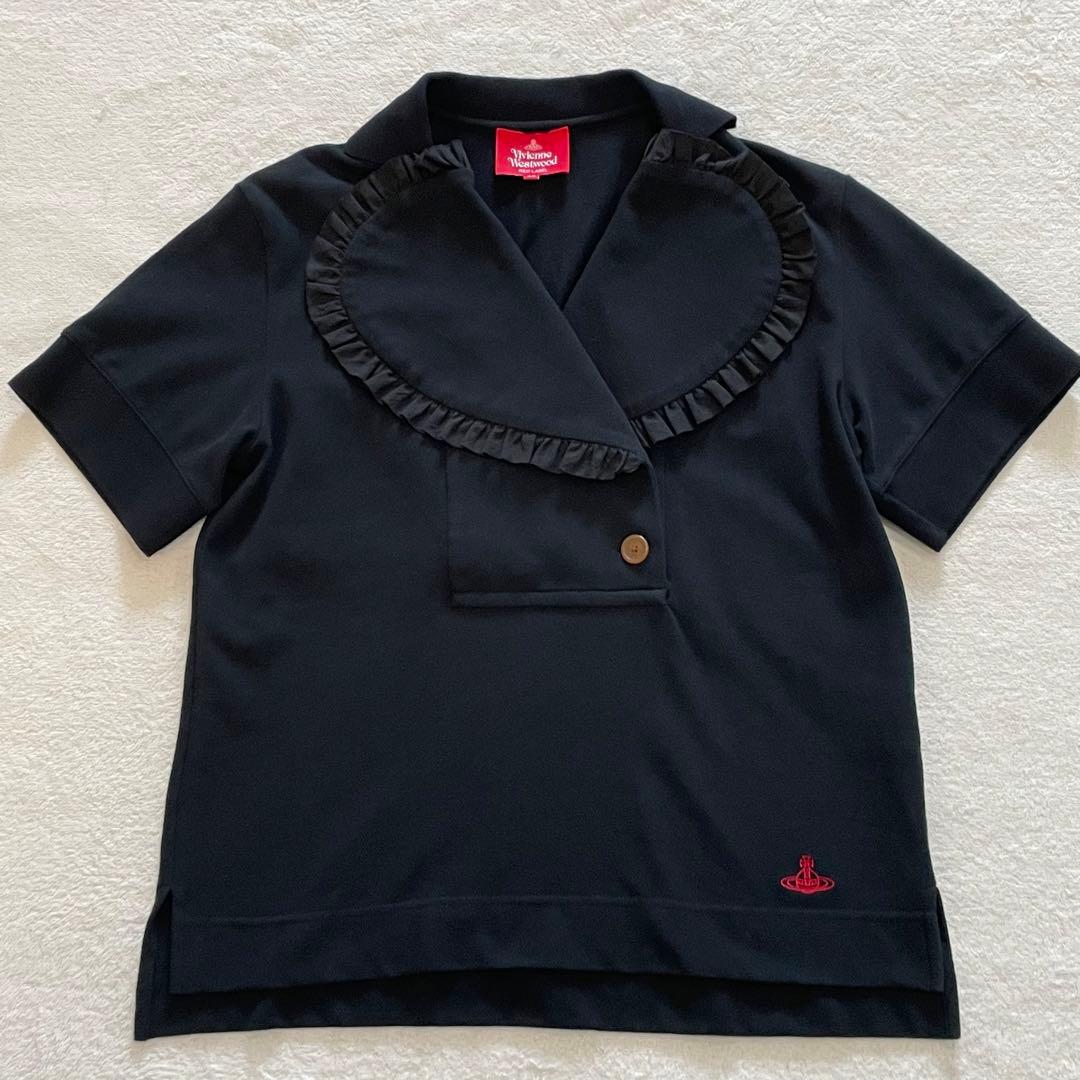 ヴィヴィアンウエストウッド　ラブフリルポロシャツ　オーブ刺繍　半袖　黒　日本製
