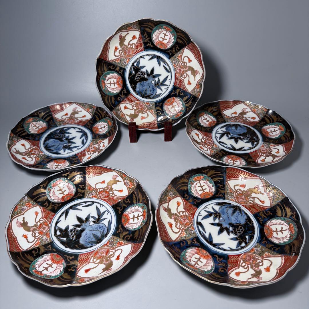 古伊万里　染錦唐獅子柘榴文様　輪花形七寸皿　幕末から明治期　直径22cm 5客