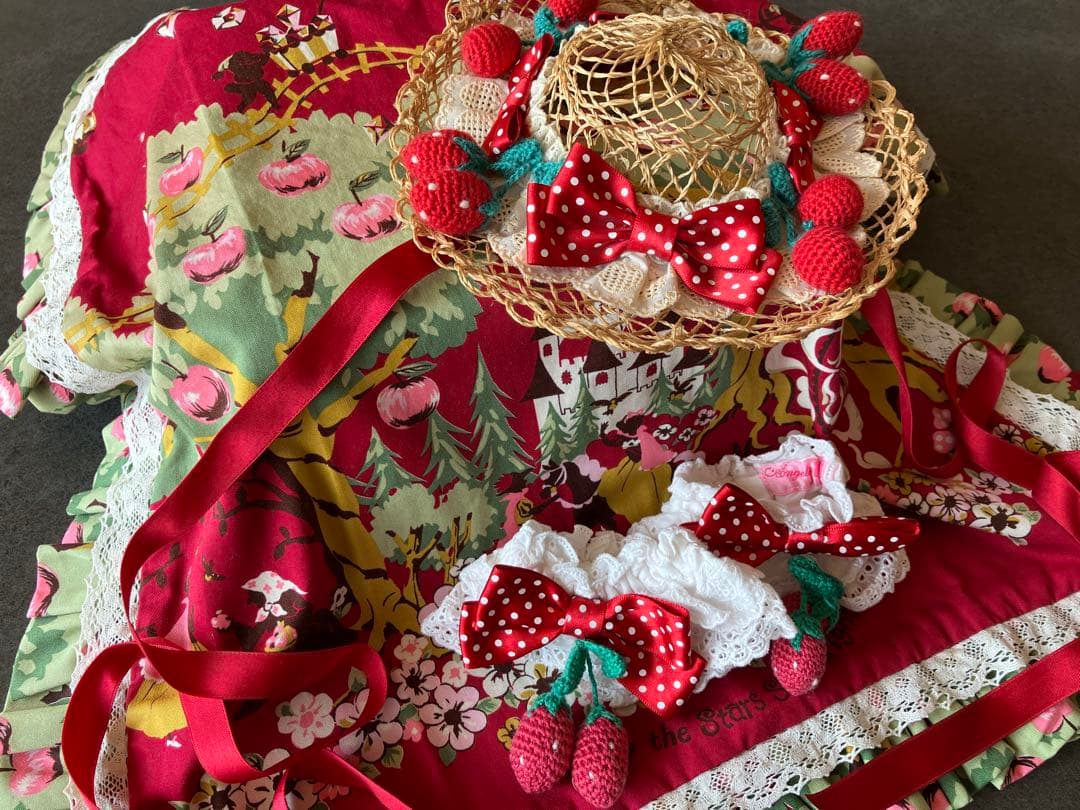 Angelic Pretty｜麦わらミニハット＋お袖留　いちごセット　赤