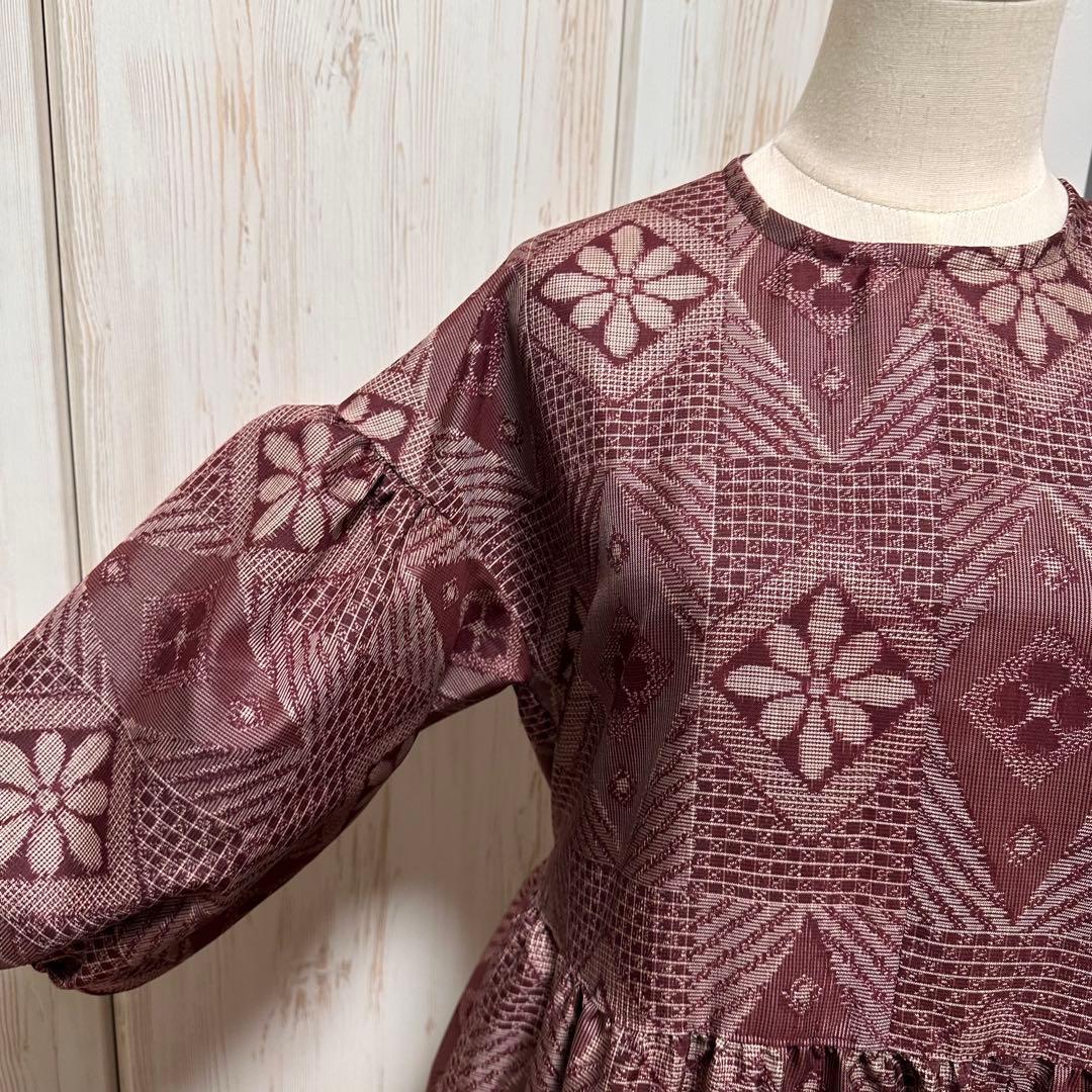 着物リメイク 大島紬から後ろボタンのドロップショルダーワンピース(L~LL)