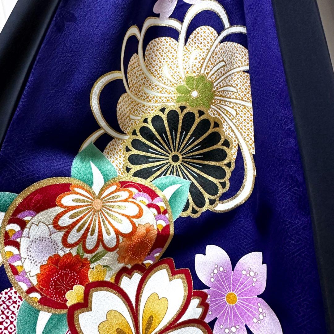 振袖　着物リメイク　ドレス　濃紺×金彩桜や菊や橘　和柄　ワンピース　ハンドメイド
