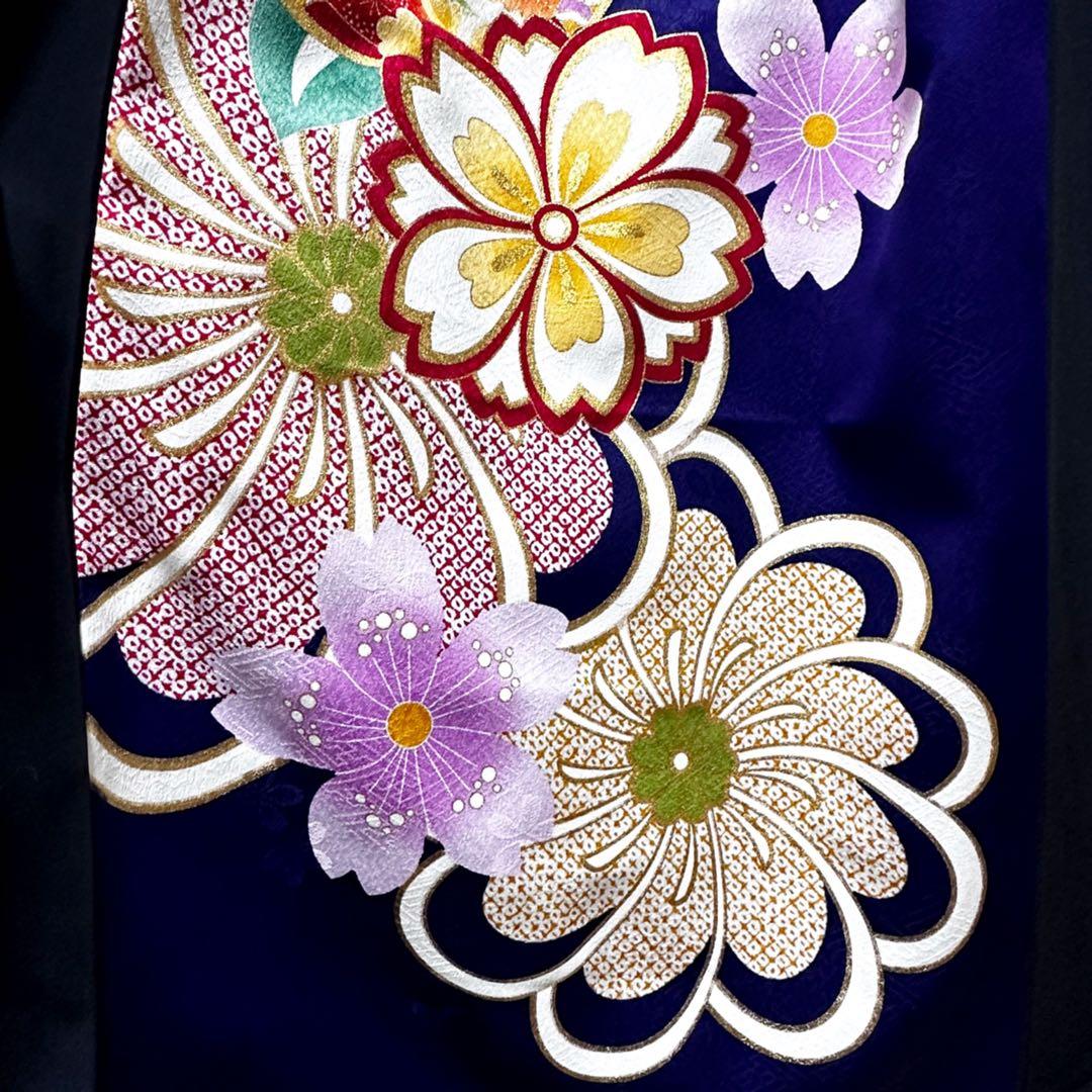 振袖　着物リメイク　ドレス　濃紺×金彩桜や菊や橘　和柄　ワンピース　ハンドメイド