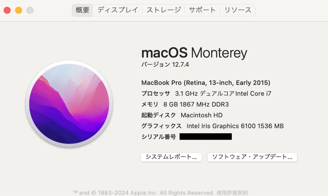 A*s様 MacBook pro 13インチ 2015 Core i7/8GB/