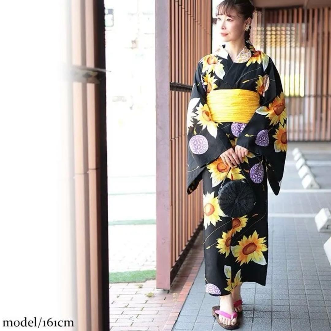 ✨新品✨大きいサイズ レディース 鞠ひまわり柄浴衣＆結び帯2点セット ぽっちゃり