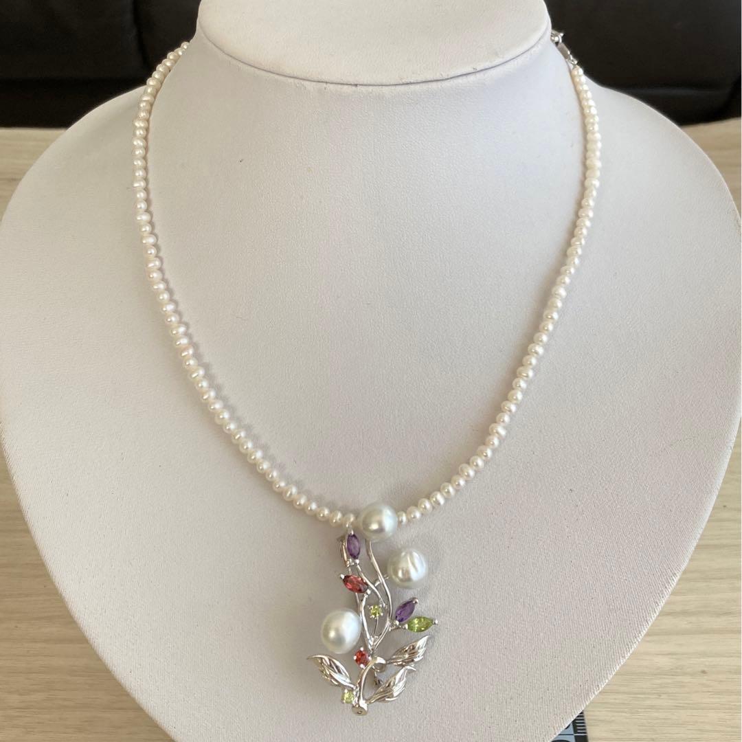 ブローチ パール　カラーストーン　シルバー925　南洋真珠　白真珠　ペンダント