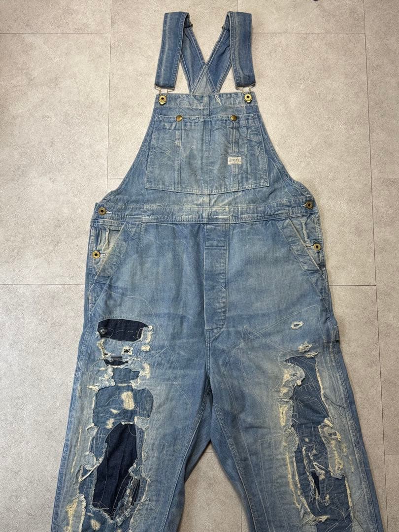 RRL ダブルアールエル ライトブルー ダメージ加工 デニムオーバーオール