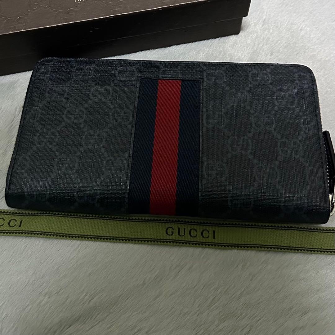 GUCCI 長財布　GG スプリーム　シェリーライン　ラウンドファスナー