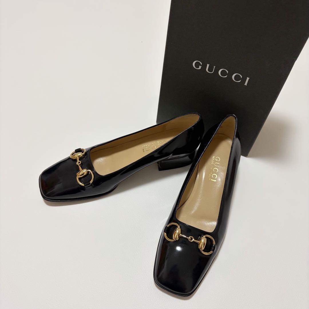 極美品✨GUCCI ホースビット パンプス チャンキーヒール パテントレザー 黒