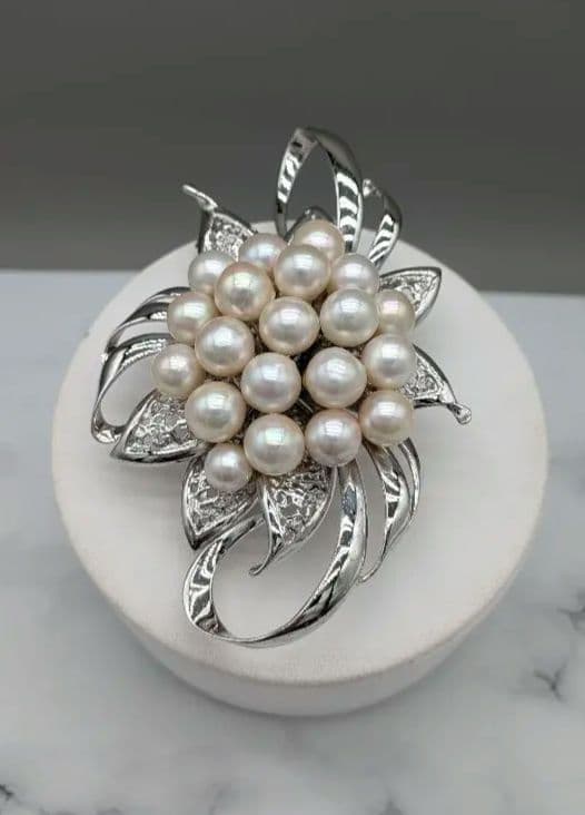 あこや真珠 ブローチ 大粒20珠 9.7×6.5cm 花デザイン　帯留め兼用