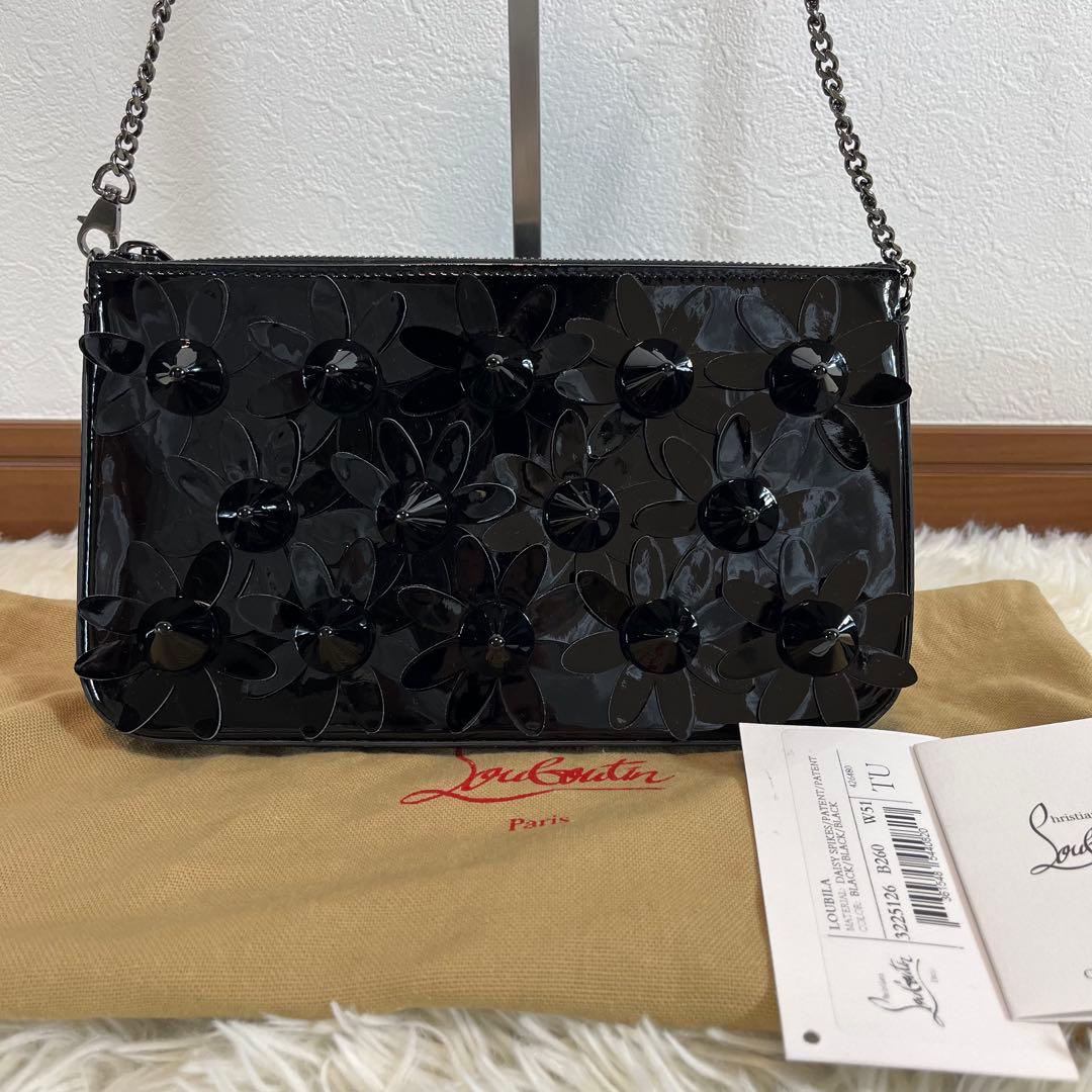 クリスチャンルブタン　チェーンショルダーバッグ　黒　エナメル　花柄
