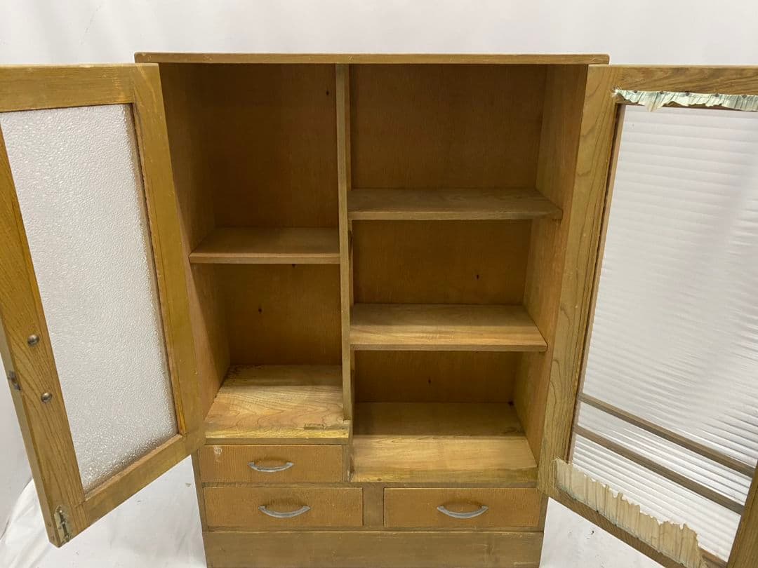 レトロ ガラス キャビネット 食器棚 書棚 本棚 本箱 ヴィンテージ 昭和