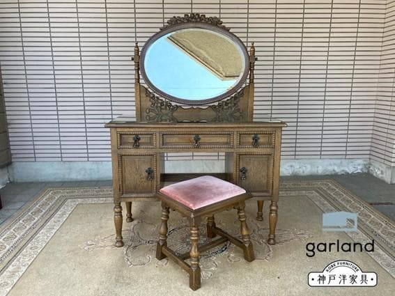 美品☆神戸洋家具／伊藤家具／オーク材無垢／ドレッサー・スツールセット