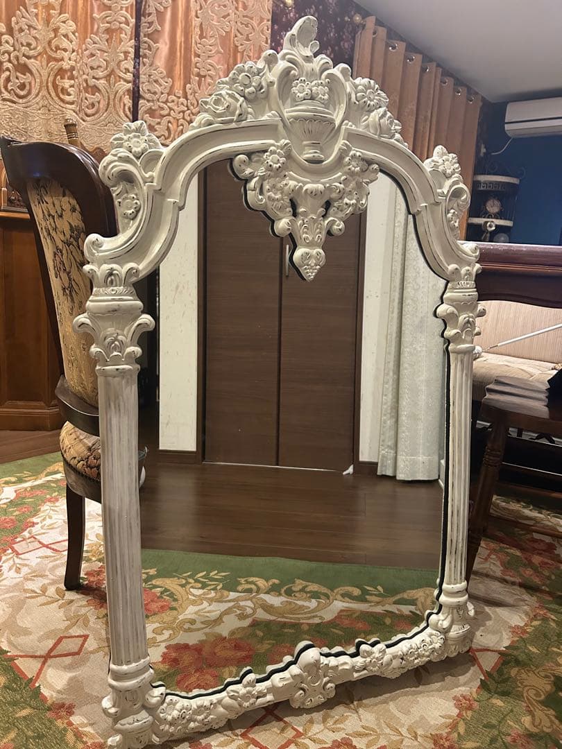 アンティーク　ロココ　ホワイト　壁掛けミラー　姿見