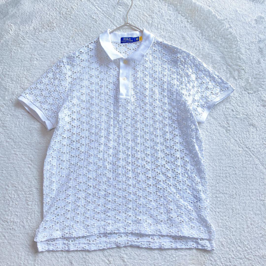 極美品 ポロラルフローレン 23年 ポロシャツ レース 刺繍 ホワイト 白 L