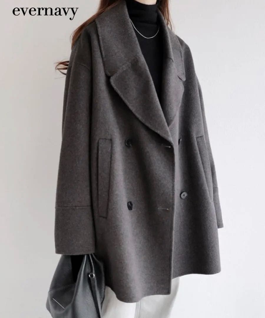 【美品✨️】エバーネイビー ウールリバーピーコート チャコールグレー　アンドミー