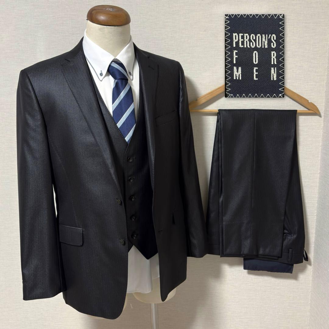 未使用 光沢 パーソンズフォーメン スリーピース スーツ ブラック AB6 花柄