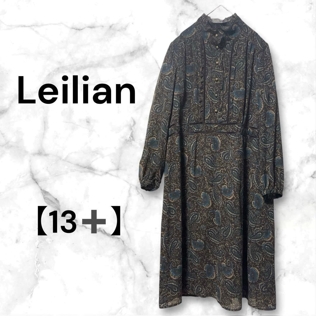 Leilian レリアン　フリルワンピース　ペーズリー柄　袖シアー　13＋