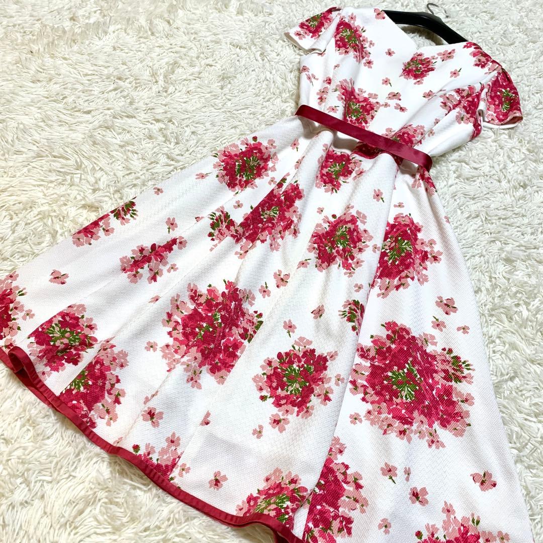 美品✨希少サイズ エムズグレイシー ブーケプリント フレア ワンピース ケープ付