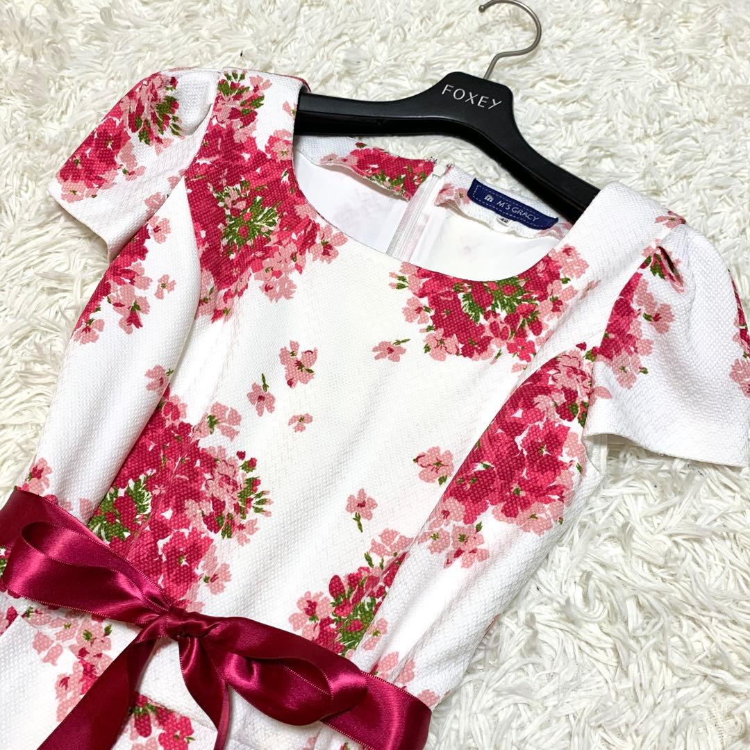 美品✨希少サイズ エムズグレイシー ブーケプリント フレア ワンピース ケープ付