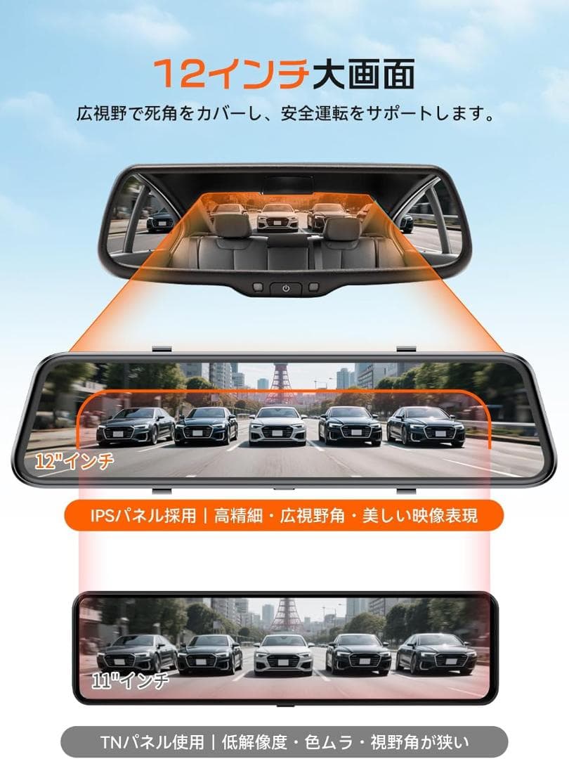 最新 ドライブレコーダー ミラー型 12インチ 2.5K デジタルインナーミラー