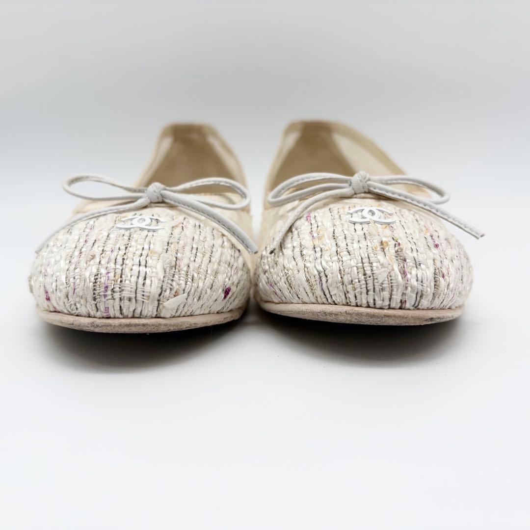 【良品】CHANEL レース ツイード フラットパンプス 36.5 白系