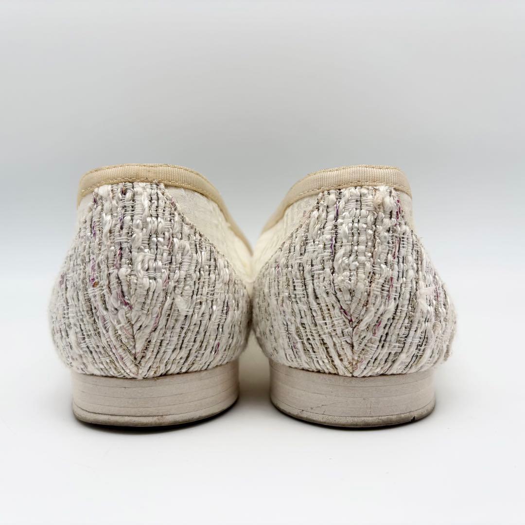 【良品】CHANEL レース ツイード フラットパンプス 36.5 白系
