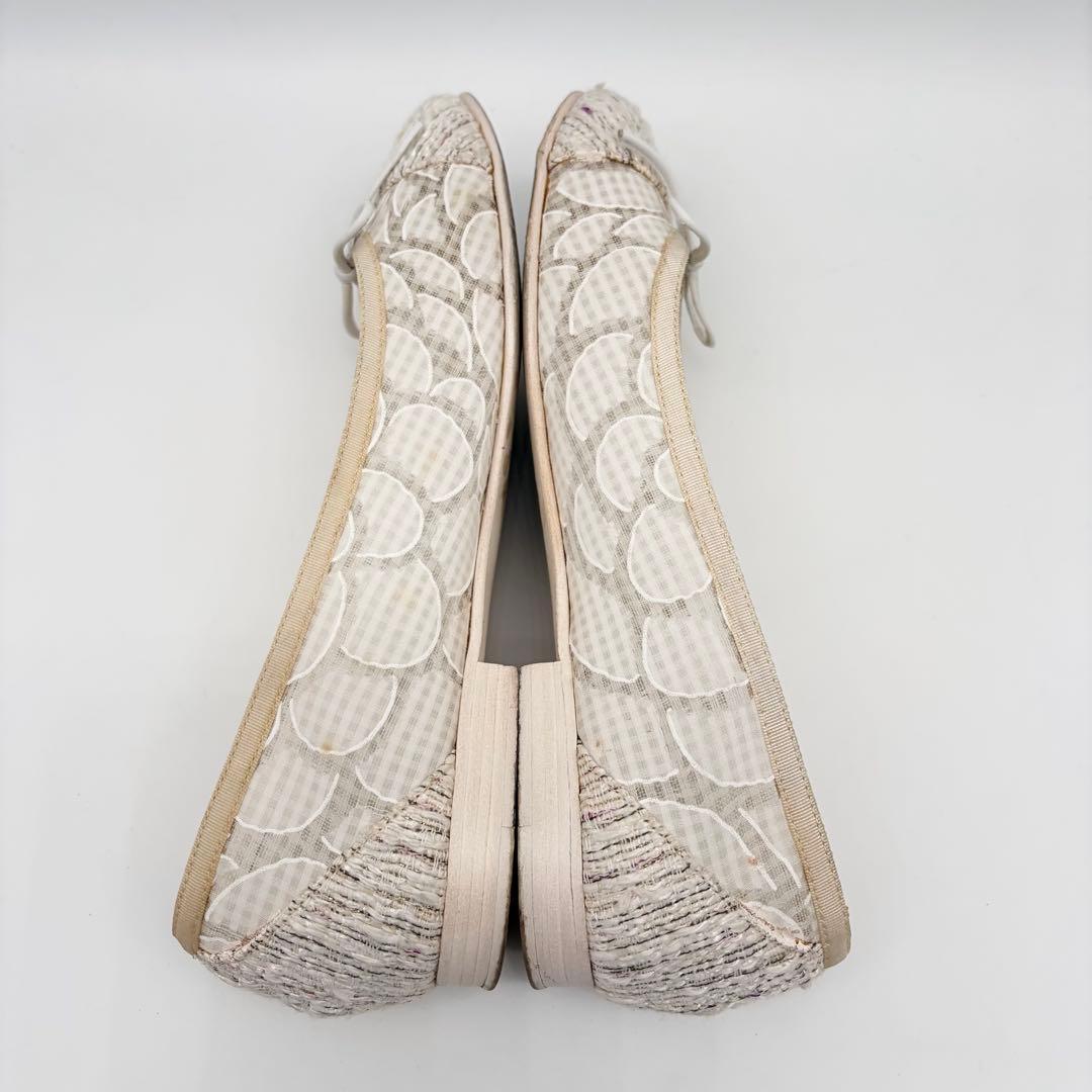 【良品】CHANEL レース ツイード フラットパンプス 36.5 白系