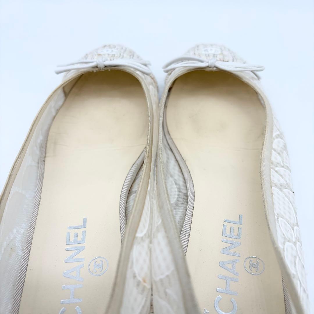 【良品】CHANEL レース ツイード フラットパンプス 36.5 白系