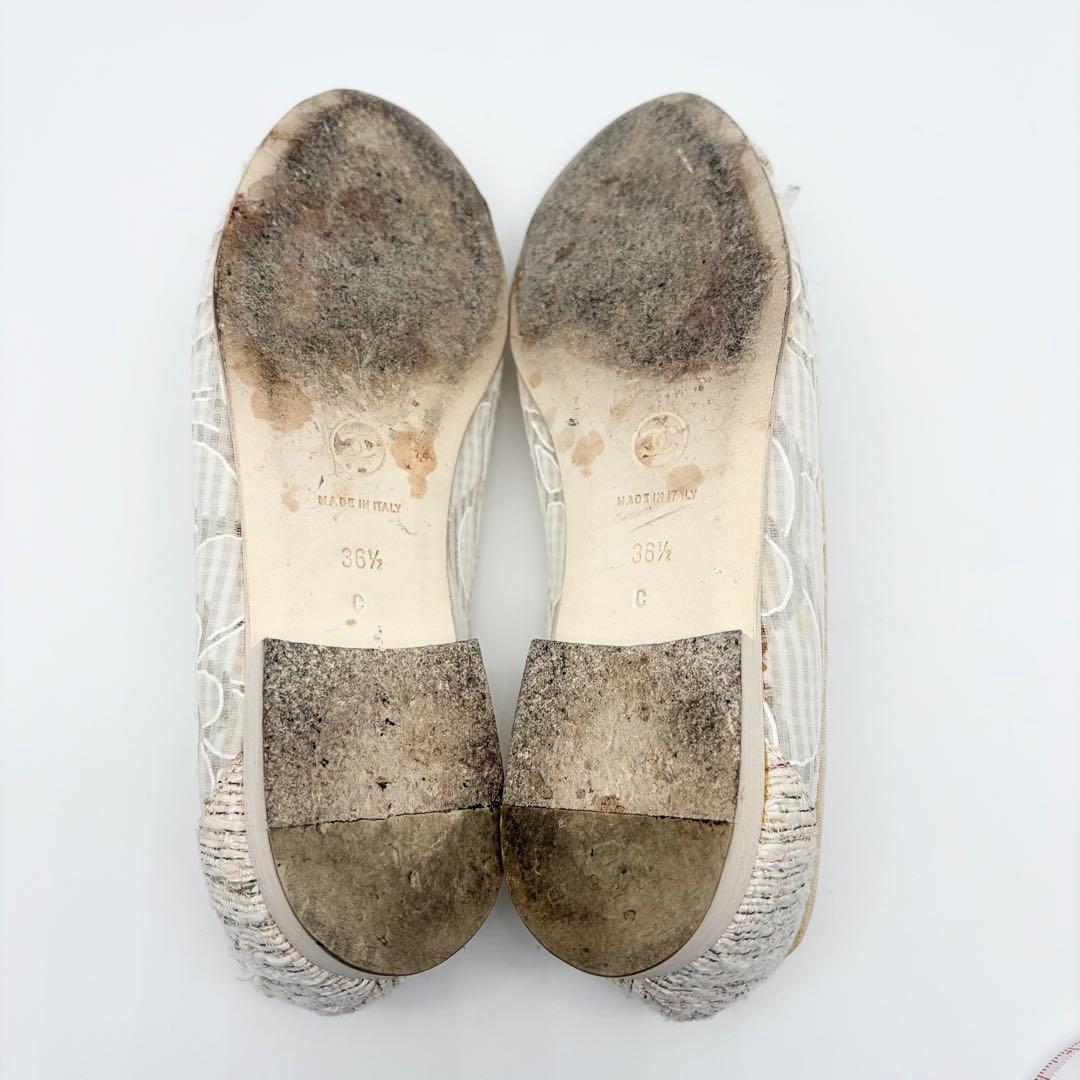 【良品】CHANEL レース ツイード フラットパンプス 36.5 白系