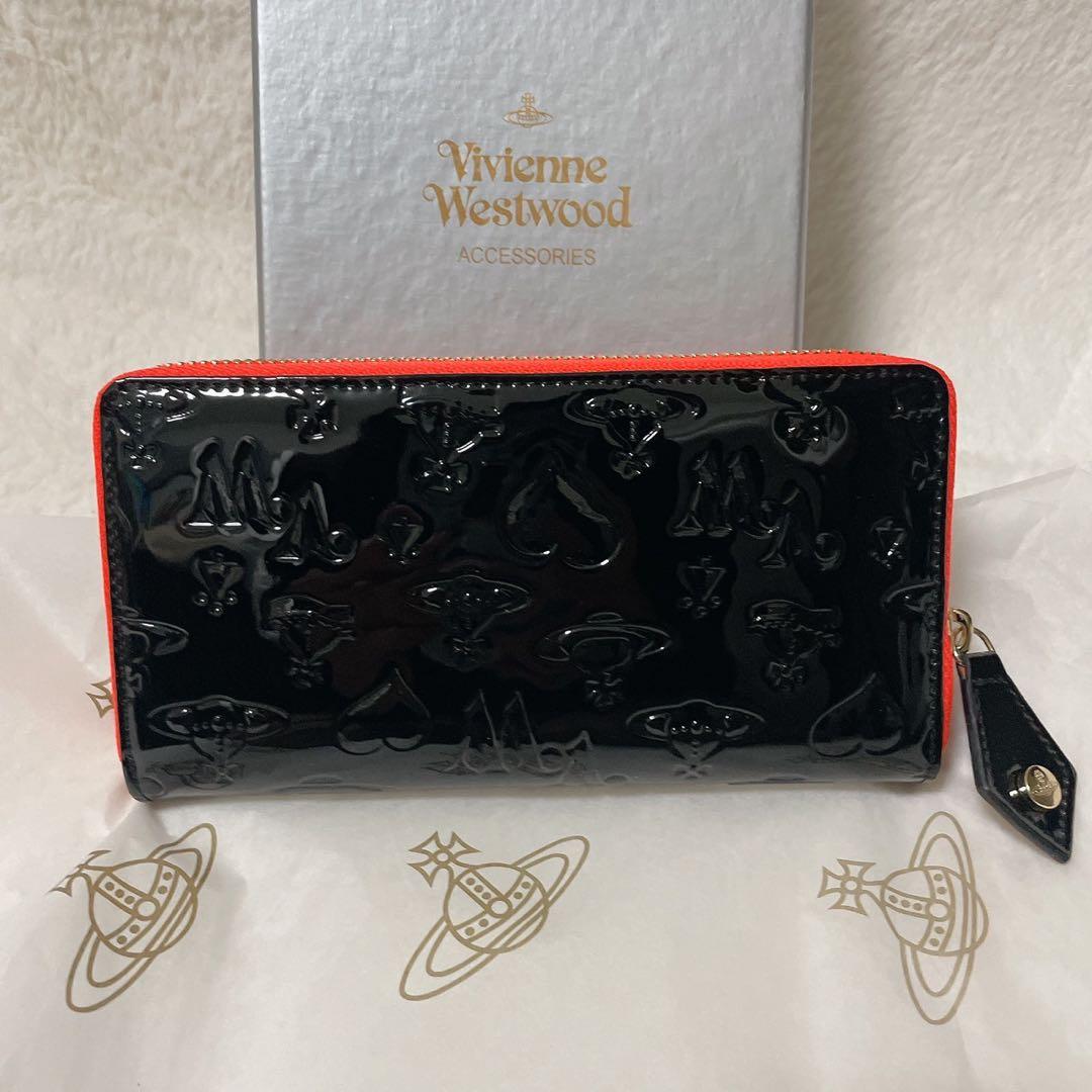 Vivienne Westwood エナメル長財布 黒/オレンジ