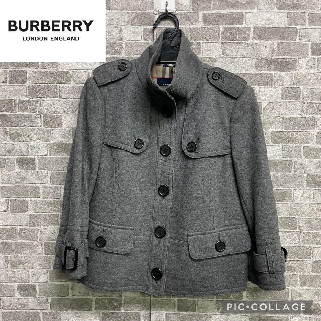 美品　BURBERRY グレー ウール ピーコート　ショートコート　裏地チェック