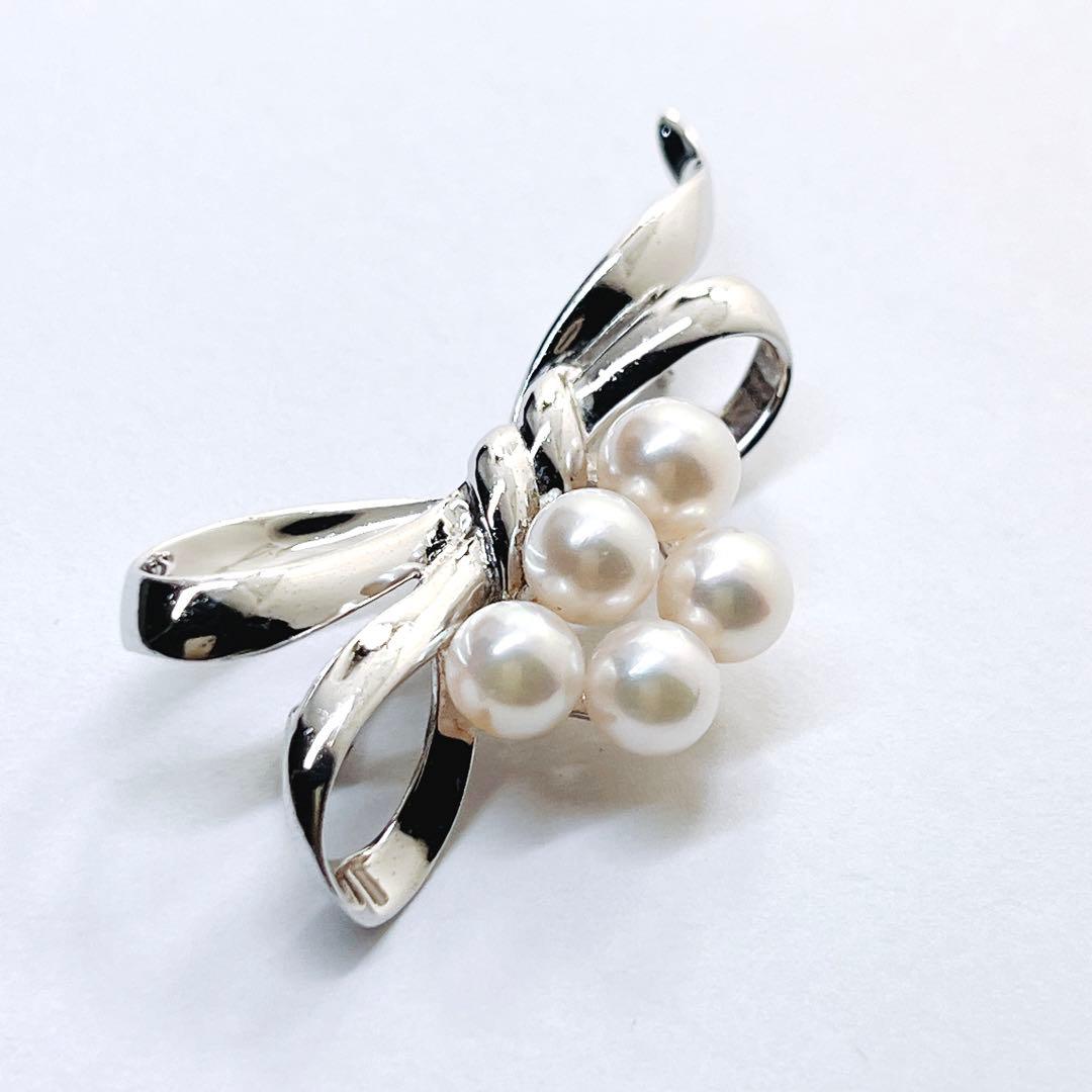 美品✨ミキモト パール　ブローチ　コサージュ　リボン　シルバー