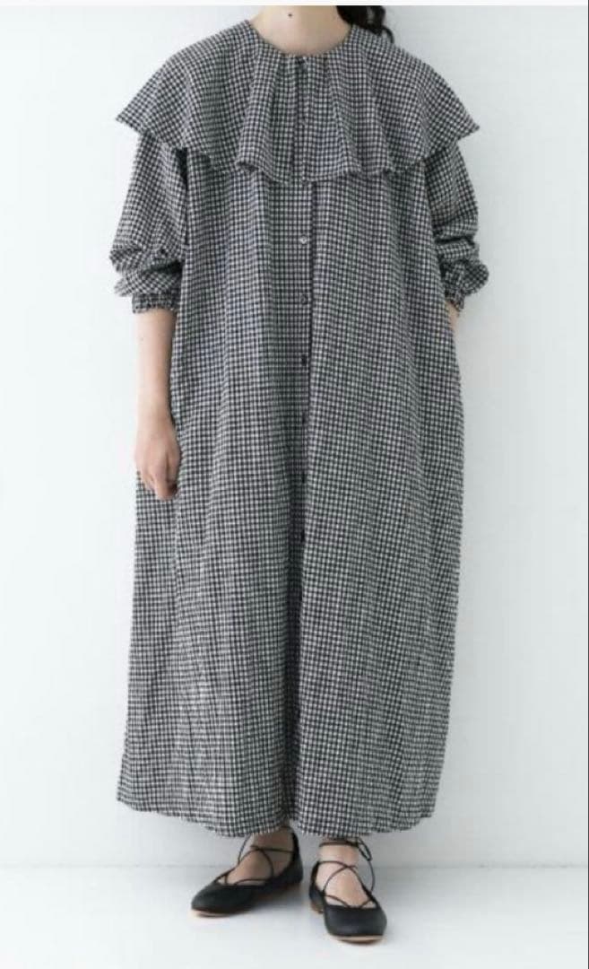 ネストローブ　コットンリネンギンガムケープカラーワンピース