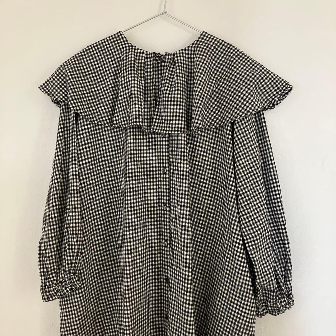 ネストローブ　コットンリネンギンガムケープカラーワンピース