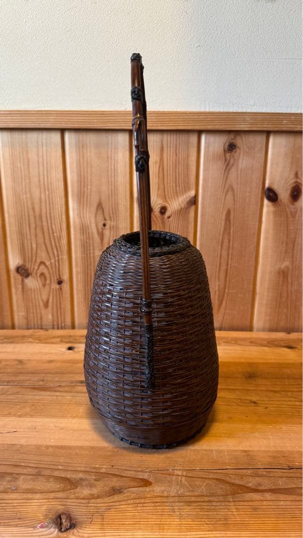美品　籠　唐物　手付松葉籠　島田竹宝斎作　生花籠　箱付き　茶道具