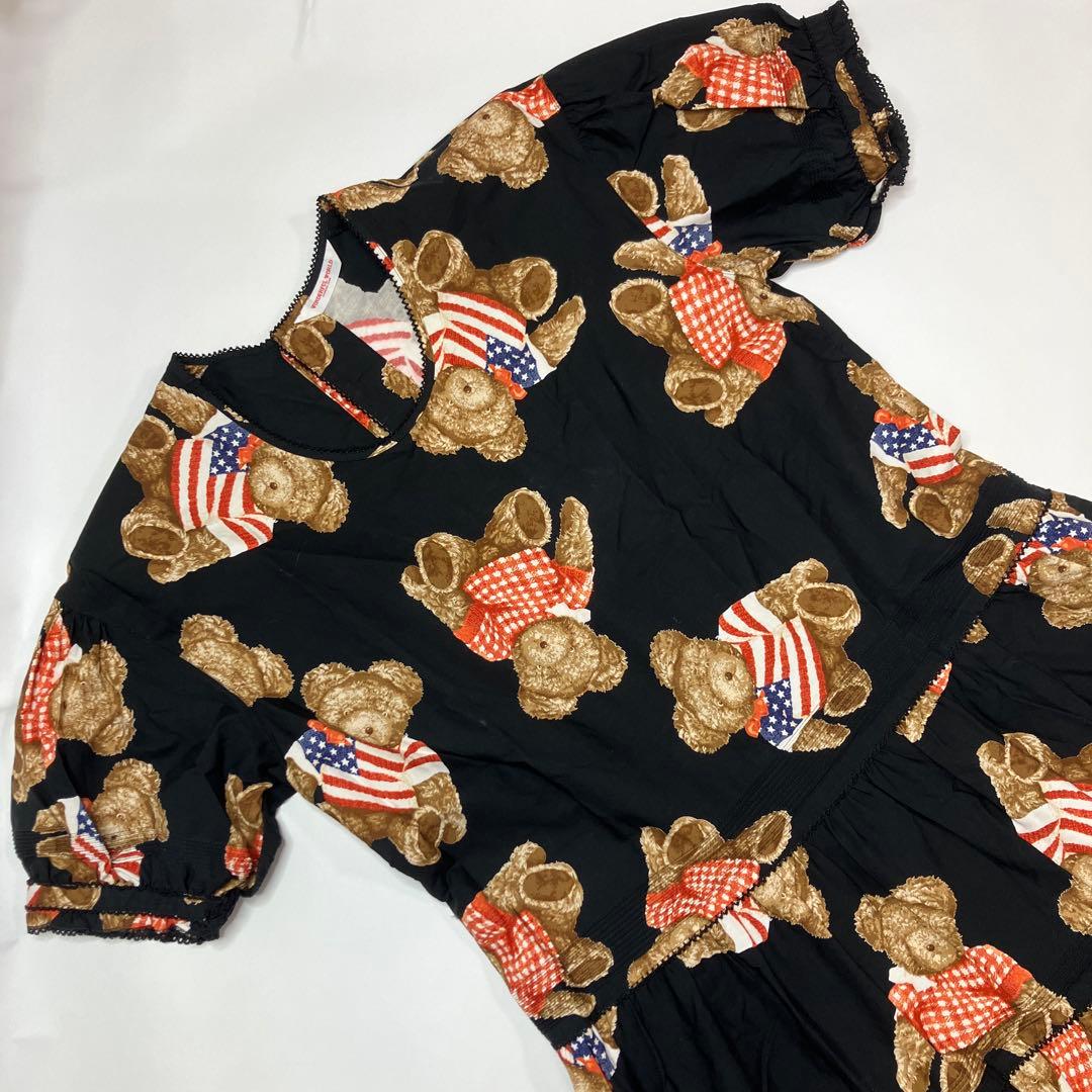 ワンダフルワールド 黒 星条旗くまちゃん柄 ピンタック使い ワンピース