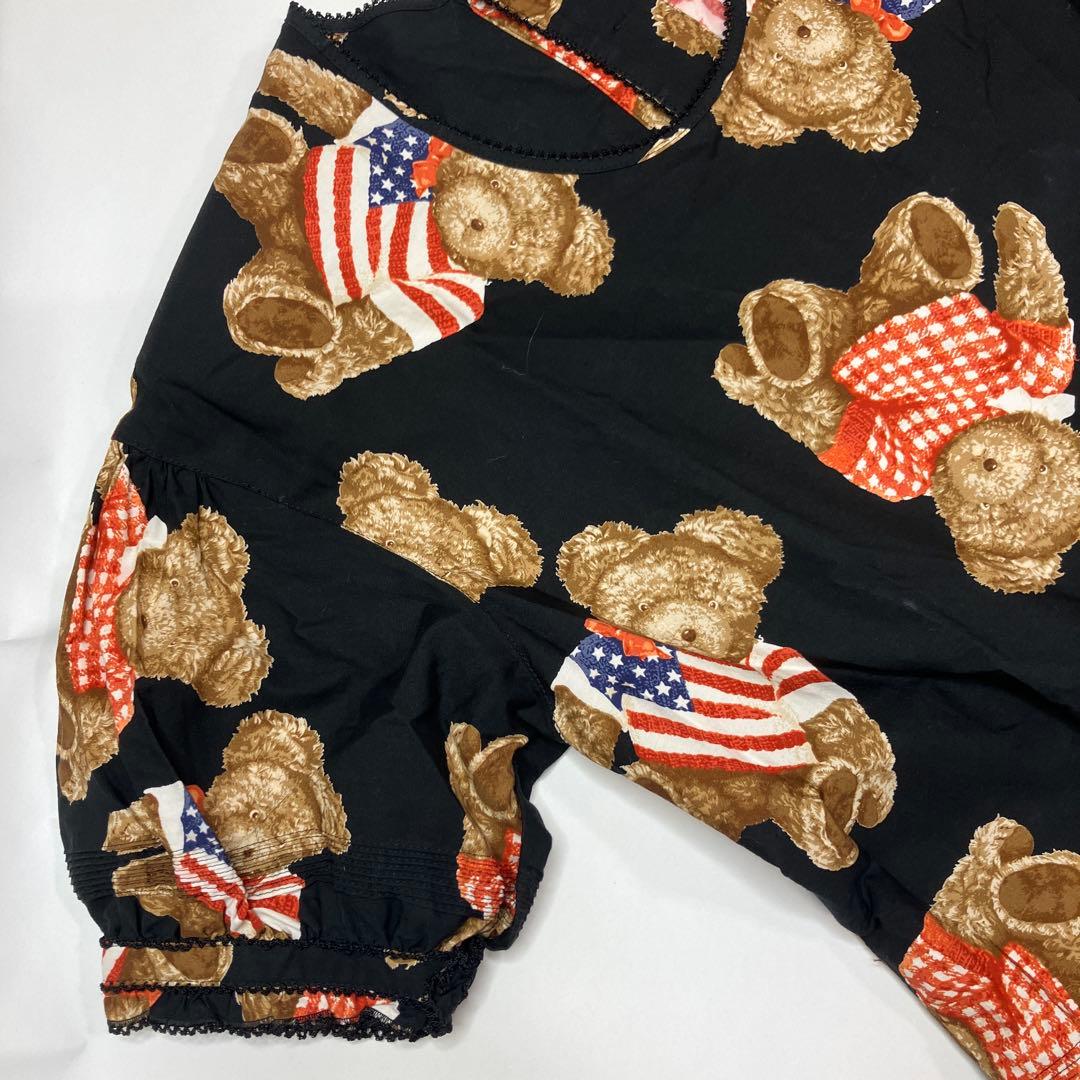 ワンダフルワールド 黒 星条旗くまちゃん柄 ピンタック使い ワンピース
