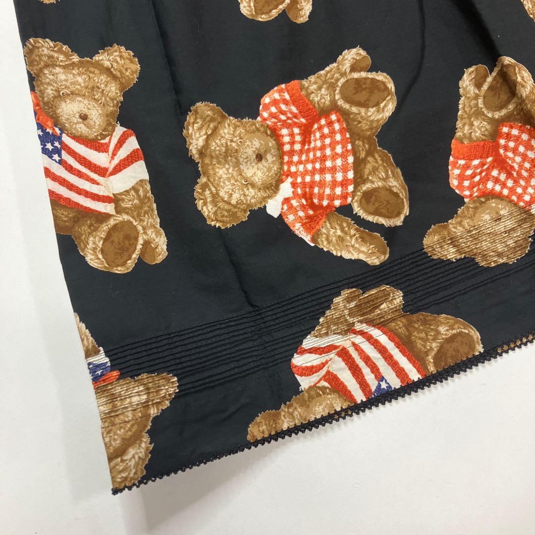 ワンダフルワールド 黒 星条旗くまちゃん柄 ピンタック使い ワンピース