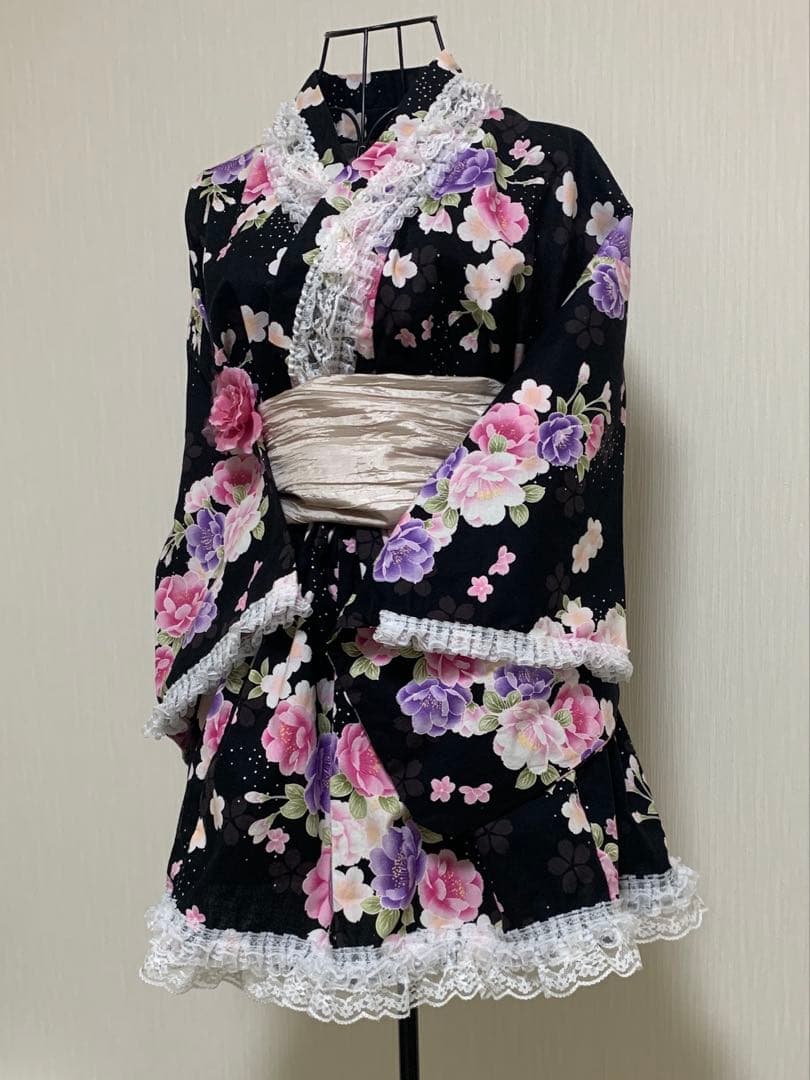 浴衣ドレス　姫ギャル　地雷　量産　平成　花柄　レース　かわいい　黒　ピンク
